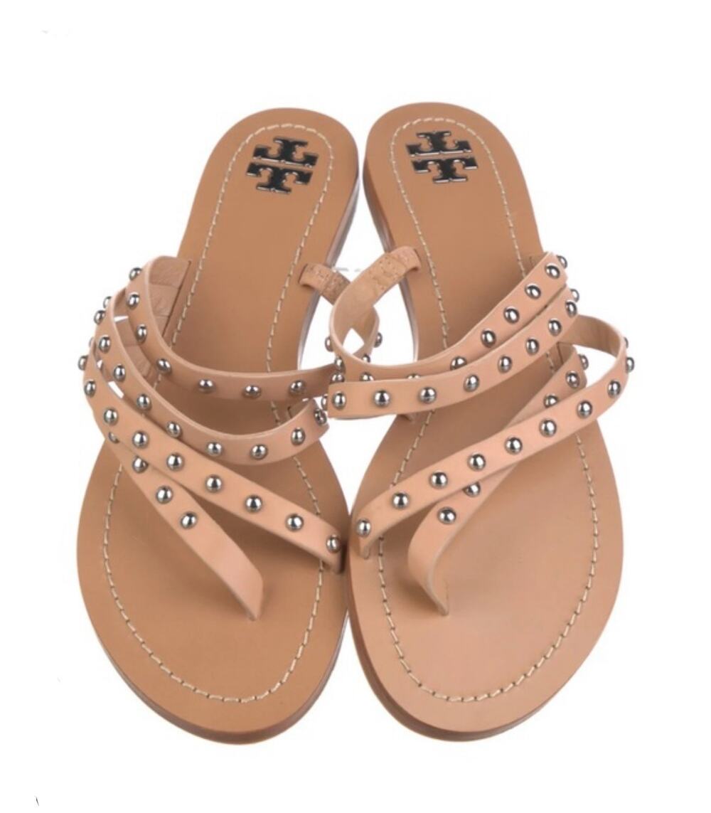 Tory Burch Women's 7.5 Studded Tan Nude Leather Slide Thong Strappy Sandal